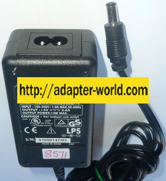 GLOBTEK GT-21089-1305-T2 AC ADAPTER 5VDC 2.6A 13W NEW -( ) 3x5