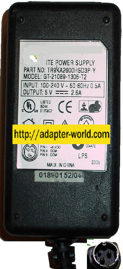 FINECOM GT-21089-1305-T2 AC ADAPTER 5V 2.6A NEW 3PIN DIN POWER