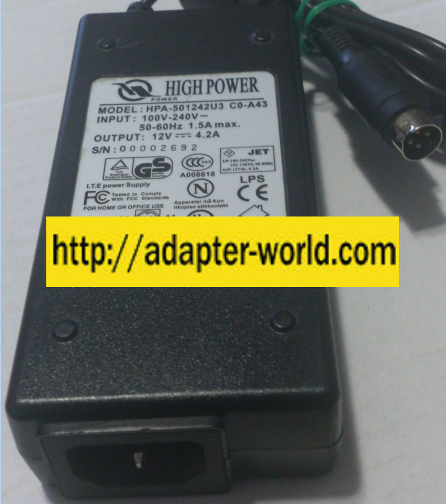 HIGH POWER HPA-501242U3 AC ADAPTER 12VDC 4.2A NEW 4 PIN DIN