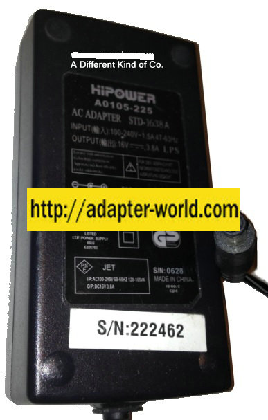 HIPOWER A0105-225 AC ADAPTER 16VDC 3.8A New -( )- 1 x 4.5 x 6 x