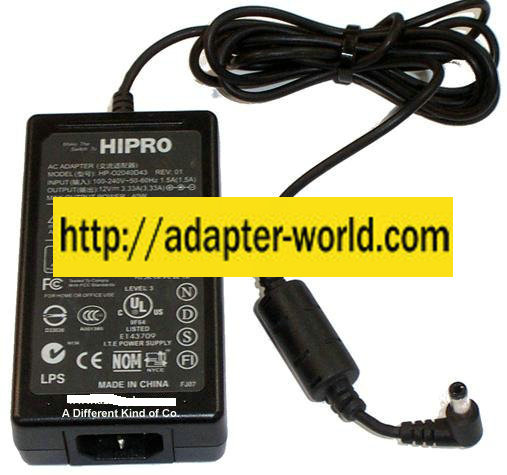 HIPRO HP-O2040D43 Ac Adapter 12VDC 3.33A New -( ) 2.5x5.5mm 90