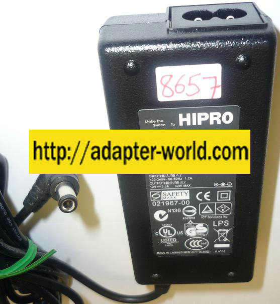 HIPRO HP-OD042D03 AC Adapter 12VDC 3.5A 42W New -( )- 2.5mm 90 °