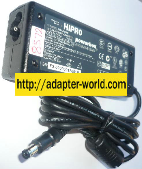 HIPRO HP-OK065B13 AC ADAPTER 18.5VDC 3.5A 65W NEW -( ) 2x5.5x9.