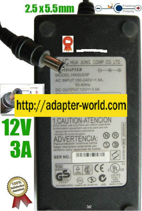 HJC HASU05F AC Adapter 12V DC 3A -( )- 2.5x5.5mm 100-240vac New HJC HASU05F AC Adapter 12V DC 3A -( )- 2.5x5.5mm 100-240vac New