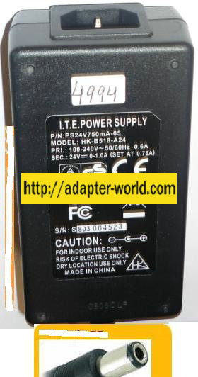 HK-B518-A24 AC ADAPTER 12Vdc 1A -( )- ITE POWER SUPPLY 0-1.0A
