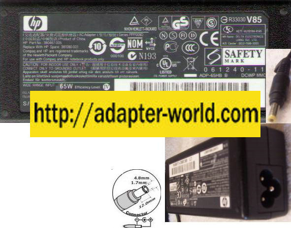 HP COMPAQ ADP-65HB B AC ADAPTER 18.5VDC 3.5A -( ) 1.7x4.8mm New