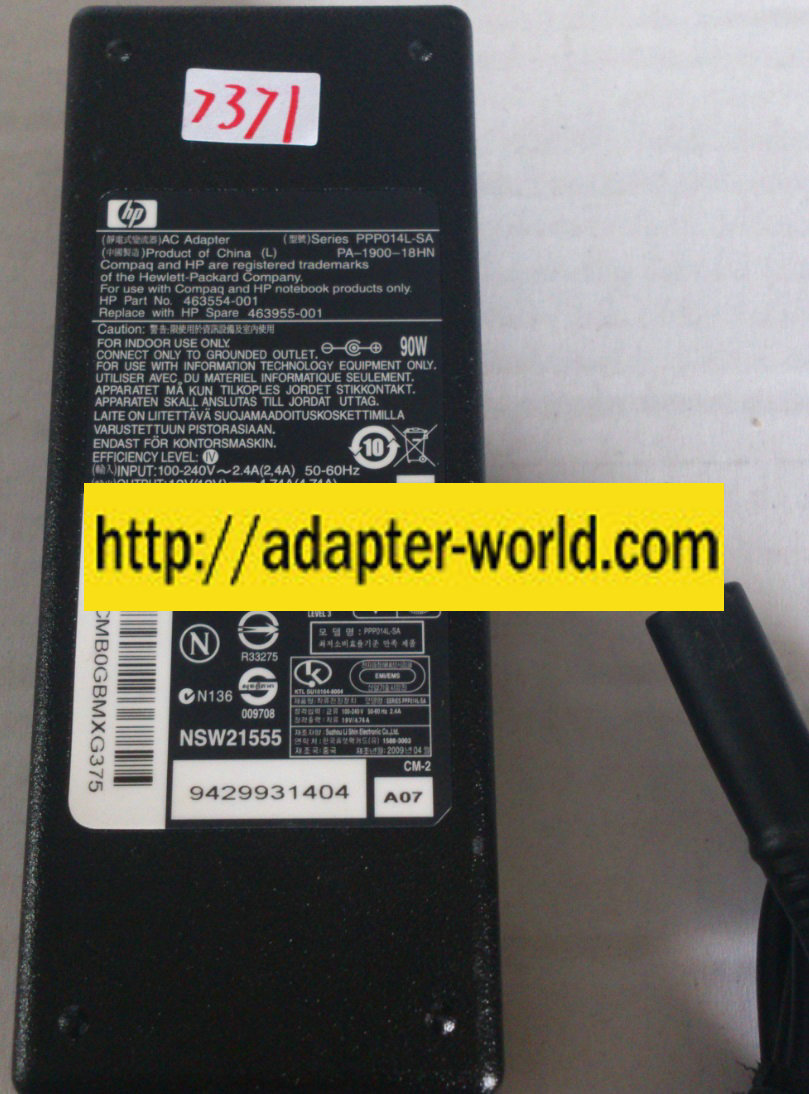 HP 463554-001 AC ADAPTER 19VDC 4.74A NEW -( )- 1x5x7.5x12.7mm