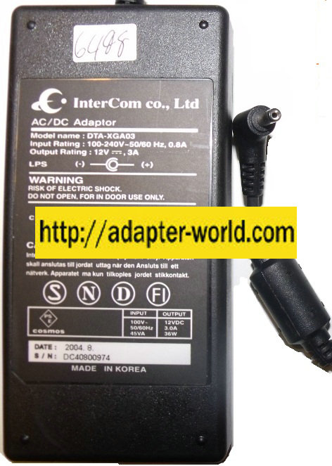 INTERCOM DTA-XGA03 AC ADAPTER 12Vdc 3A -( ) 1.2x3.5mm New 90 ° 1