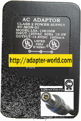 L5A-138100R AC ADAPTER 13.8VDC 1A -( ) 2x5.5mm 120vac Spec Lin S