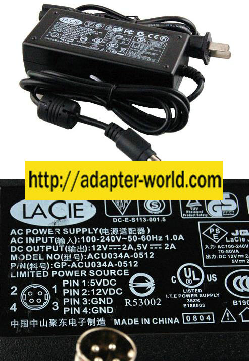 LACIE ACU034-0512 AC ADAPTER 12V 2A 5V 2ANEW 4-PIN DIN