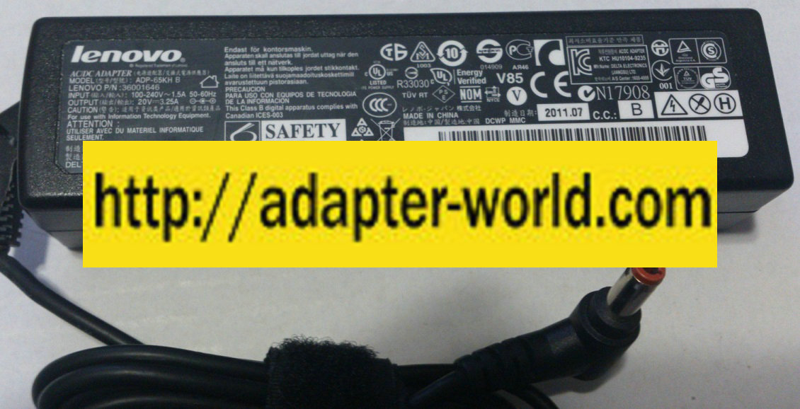 LENOVO ADP-65KH B AC ADAPTER 20VDC 3.25A -( )- 2.5x5.5x12.5mm