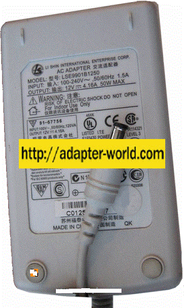 LI SHIN LSE9901B1250 AC Adapter 12VDC 4.16A -( )- 2x5.5mm 100-24
