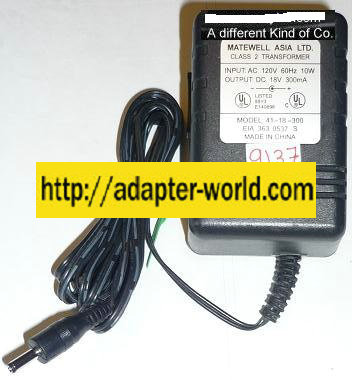 MATEWELL 41-18-300 AC ADAPTER 18VDC 300mA NEW -( ) 1x3.4x9.9mm