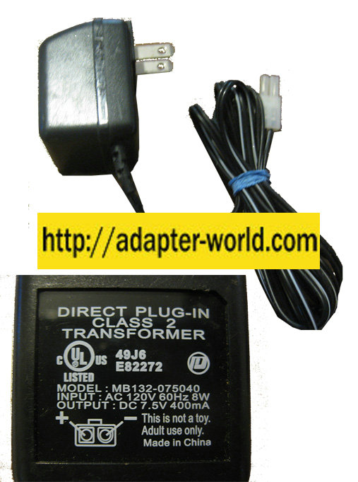 MB132-075040 AC ADAPTER 7.5VDC 400mA New Molex 2 Pin Direct Plu