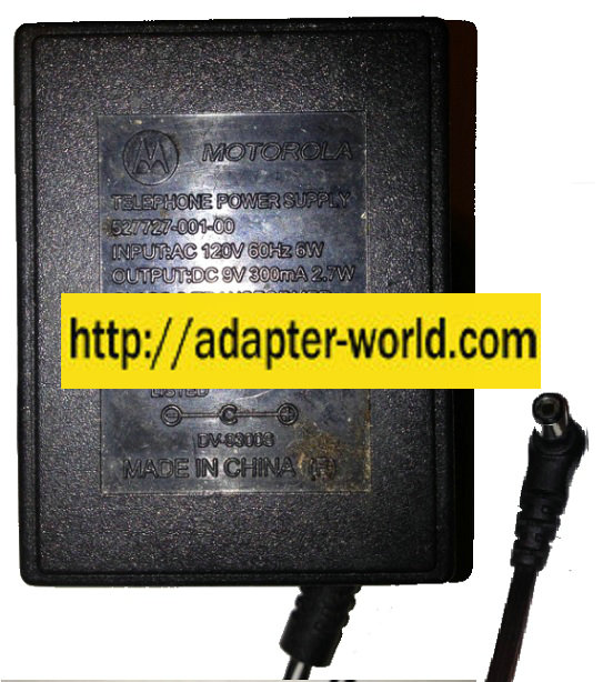 MOTOROLA 527727-001-00 AC ADAPTER 9VDC 300mA 2.7W New -( )- 2.1