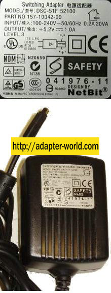 NETBIT DSC-51F-52100 AC ADAPTER 5.2VDC 1A Palm European plug SWI