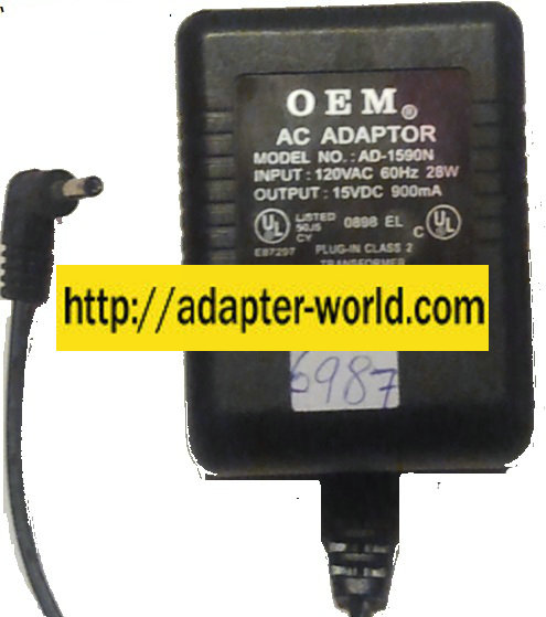 OEM AD-1590N AC ADAPTER 15VDC 900mA - ---C--- New 1.1 x 3.5 x