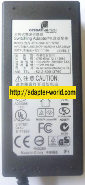 OPERATING TECH OTE-60W-12 1 12060 AC ADAPTER 12Vdc 5A -( ) 2.5x5