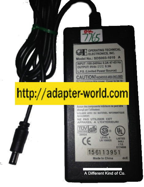 OTP SDS003-1010 A AC ADAPTER 9VDC 0.3A New 2.5 x 5.4 x 9.4 mm S