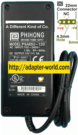 PHIHONG PSA65U-120 AC ADAPTER 12Vdc 5A 4 PIN MOLEX 100-240vac SW