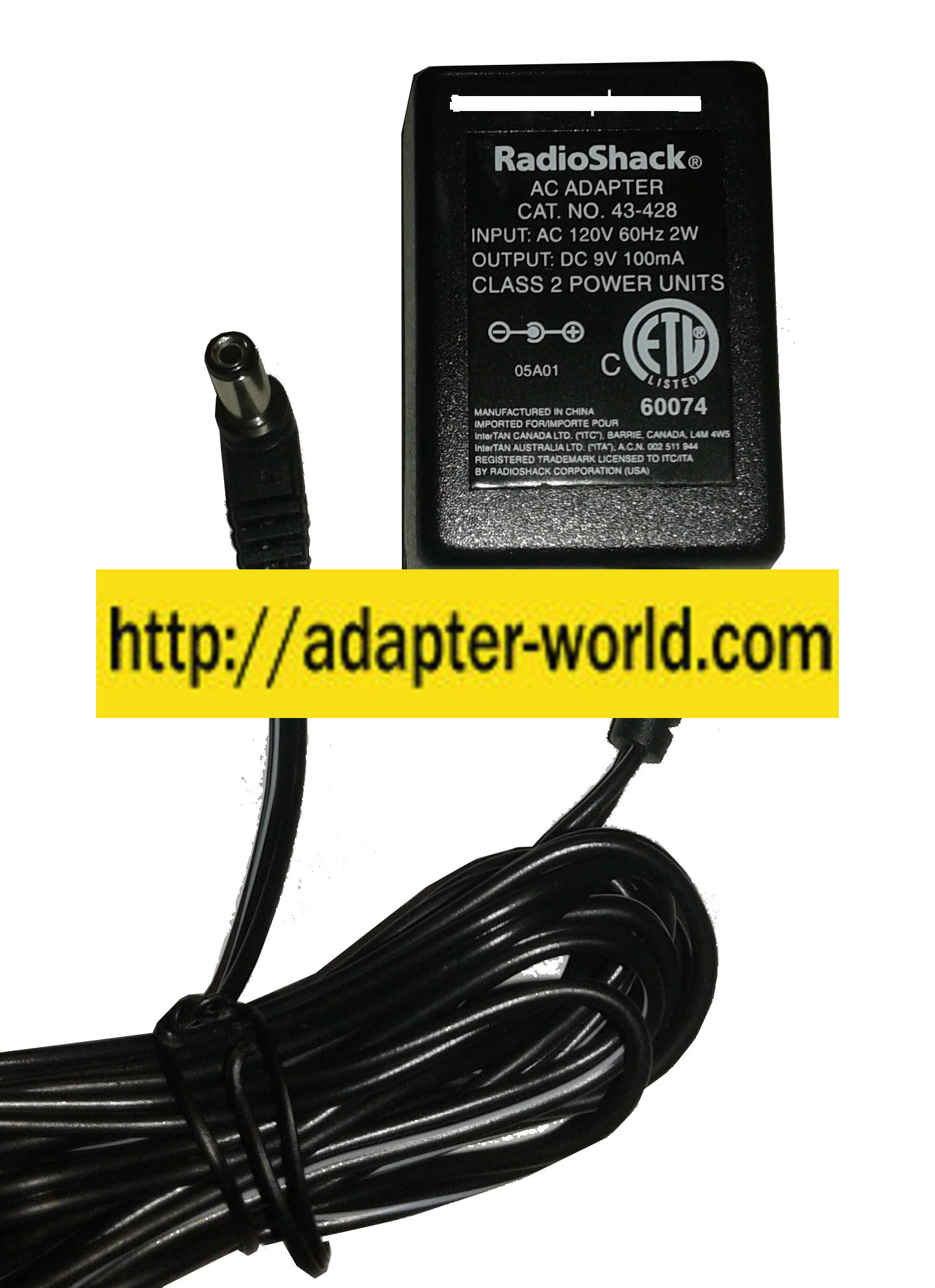 RADIOSHACK 43-428 AC ADAPTER 9VDC 100mA (-) New 2x5.4mm 90 °