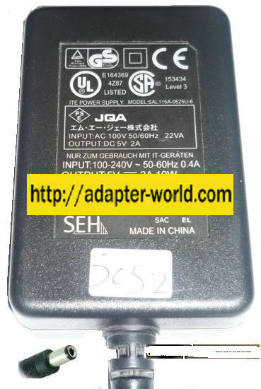 SEH SAL115A-0525U-6 AC ADAPTER 5VDC 2A I.T.E SWITCHING POWER SUP