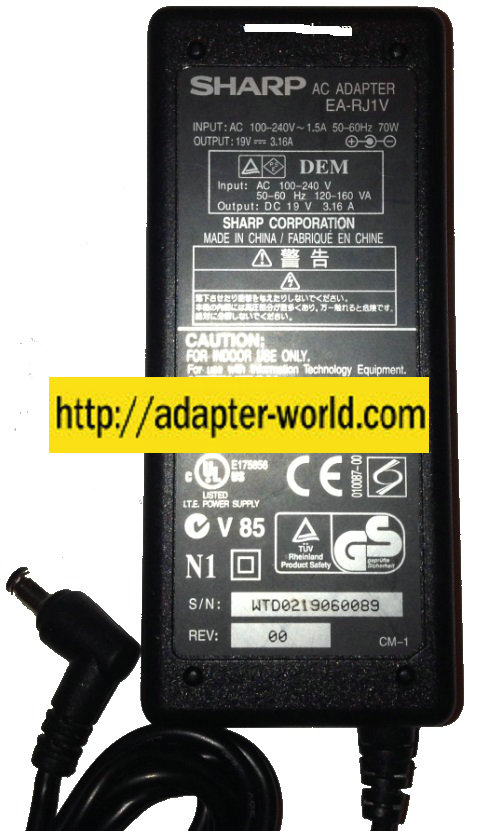 SHARP EA-R1JV AC ADAPTER 19VDC 3.16A -( ) NEW 2.8x5.4x9.7mm 90