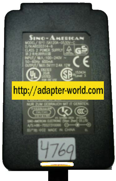 SINO-AMERICAN SA120A-0530V-C AC ADAPTER 5V 2.4A CLASS 2 POWER SU