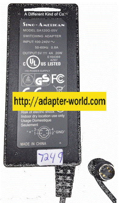 SINO-AMERICAN SA120G-05V AC ADAPTER 5VDC 4A New (:_:)- 4 Pin 9