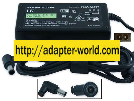 SONY PCGA-AC19V AC ADAPTER 19.5VDC 3.3A NOTEBOOK POWER SUPPLY