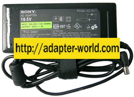 SONY PCGA-AC19V1 AC ADAPTER 19.5 3A New -( ) 4.4x6.5mm 90 ° 100-