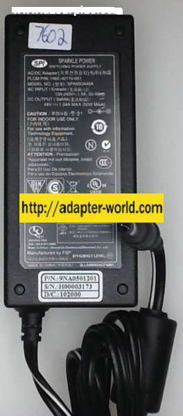 SPARKLE POWER SPA050A48A AC ADAPTER 48VDC 1.04A New -( )- 2.5 x