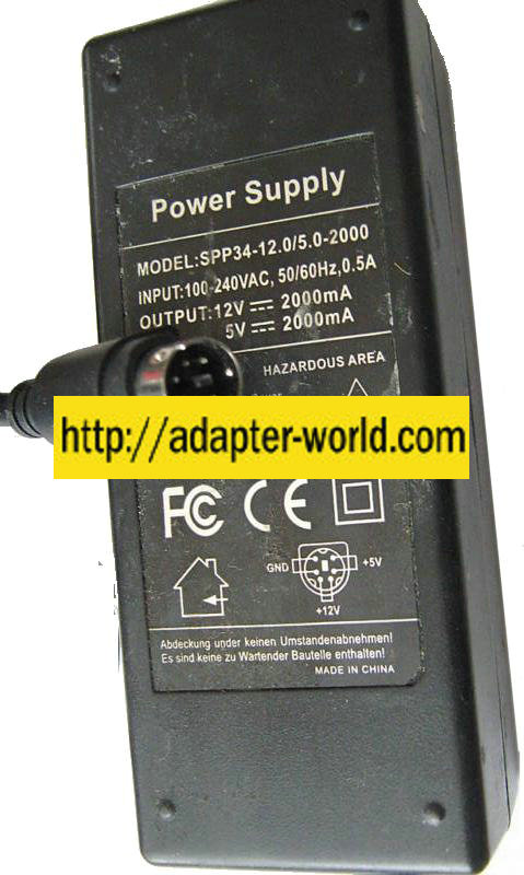 SPP34-12.0/5.0-2000 AC ADAPTER 5VDC 12VDC 2000mA POWER SUPPLY 6P