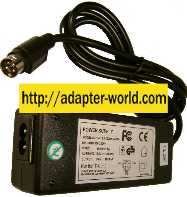 Finecom SPP34-12.0-2200/5.0-2000 AC ADAPTER 12V 2200mA 5V DC 200