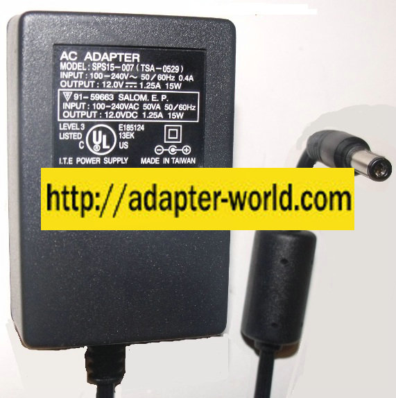 SPS15-007 (TSA-0529) AC ADAPTER 12V 1.25A 15W - ---C--- New 3