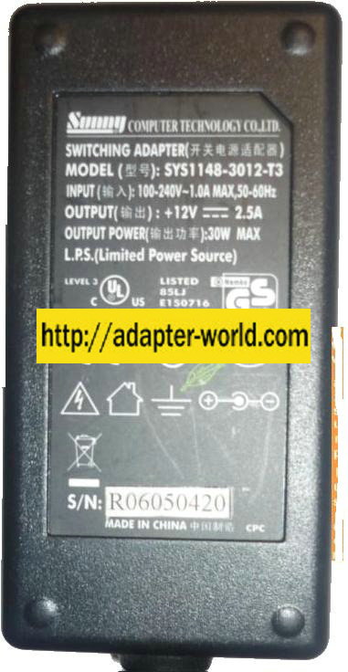SUNNY SYS1148-3012-T3 AC ADAPTER 12V 2.5A 30W I.T.E POWER SUPPLY