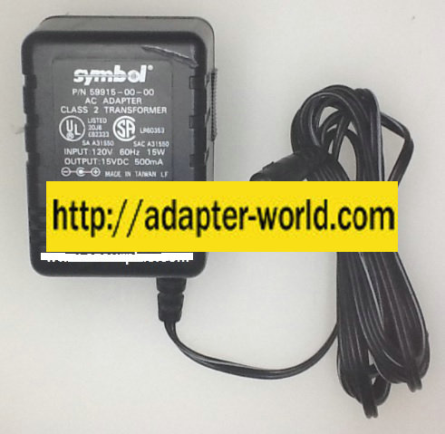 SYMBOL 59915-00-00 AC ADAPTER 15VDC 500mA New -( )- 2 x 5.4 x 1
