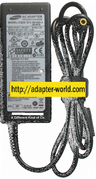 Samsung AD-6019 AC ADAPTER 19VDC 3.16A -( ) 3x5.5mm Tip 100-240v