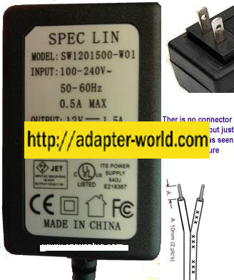 Spec Lin SW1201500-W01 AC Adapter 12VDC 1.5A Shield Wire NEW
