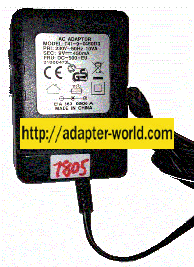 T41-9-0450D3 AC ADAPTER 9VVDC 450mA -( ) New 1.2x5.3 Straight R