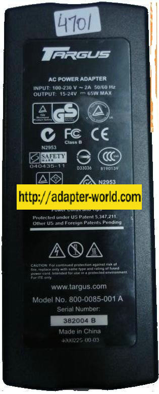 TARGUS 800-0085-001 A UNIVERSAL AC ADAPTER AC70U 15-24Vdc 65W 10