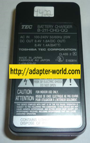 TEC B-211-CHG-QQ AC ADAPTER 8.4VDC 1.8A BATTERY CHARGER