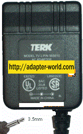 TERK TV-5 AC ADAPTER 12VDC 100mA (-)- 3.5mm Mono 120Vac CLASS 2
