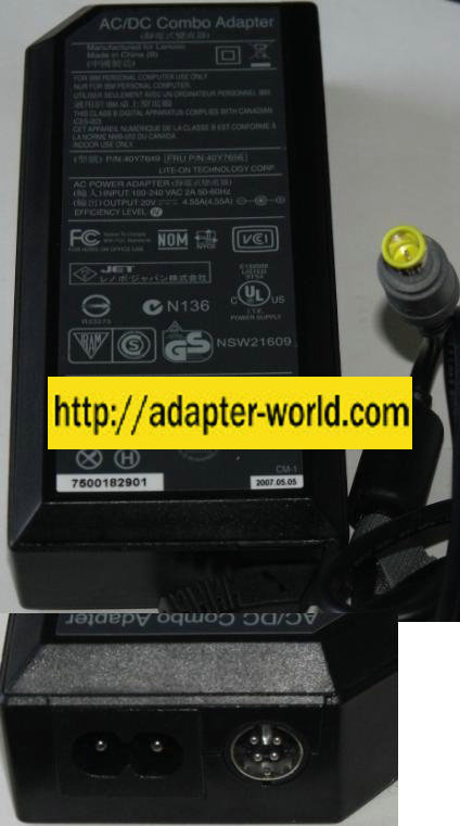 THINKPAD 40Y7649 AC ADAPTER 20VDC 4.55A NEW -( )- 5.5x7.9mm Rou