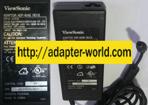 VIEWSONIC ADP-80AB AC ADAPTER 12VDC 6.67A 3.3x6.4mm -( )- POWER