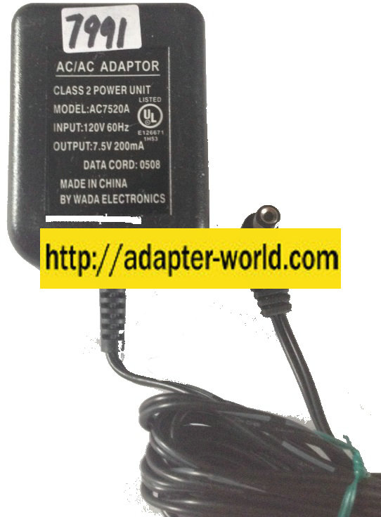 WADA ELECTRONICS AC7520A AC AC ADAPTER NEW 7.5VDC 200mA