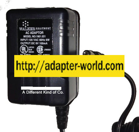 WALKER 1901.031 AC ADAPTER 9VDC 100mA New -( )- 2.1 x 5.3 x 10