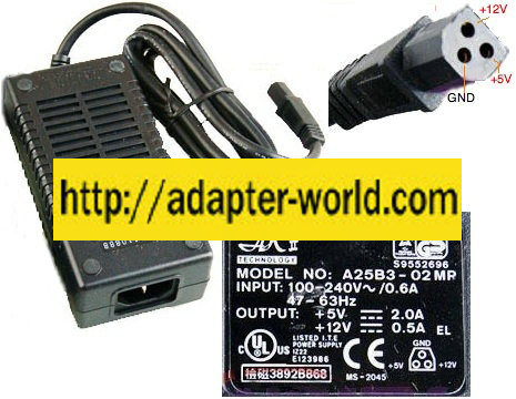AKII A25B3-02MP AC ADAPTER 5V 2A 12V 0.5A 3Pin Power Supply