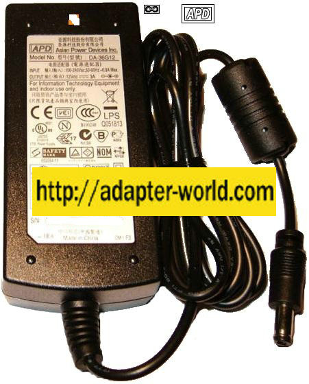 APD DA-36G12 AC Adapter 12VDC 3A New -( ) 2.5x5.5mm 100-240vac