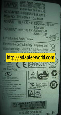 APD DA-45C01 AC Adapter 5VDC 4A 12V 2A 5PIN Power Supply 5-PIN O